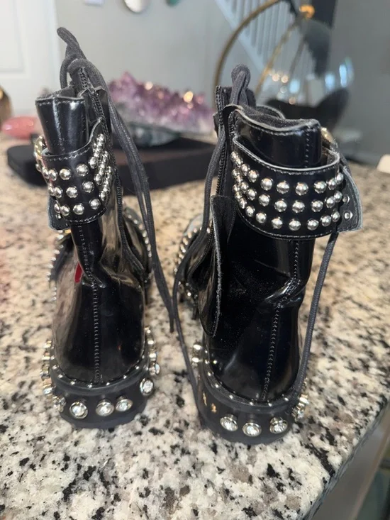 Jeffrey Campbell Black Lace-Up Combat Boots with Silver Caps - Picture 4 of 5